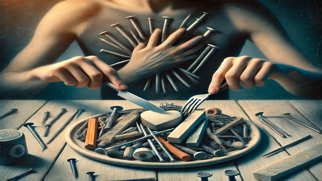 تصویری مفهومی از فردی که در حال خوردن اشیاء غیرخوراکی مانند پیچ، میخ و چوب است؛ نمادی از اختلال پیکا که با میل شدید به خوردن مواد غیرغذایی همراه است.