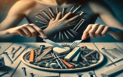 تصویری مفهومی از فردی که در حال خوردن اشیاء غیرخوراکی مانند پیچ، میخ و چوب است؛ نمادی از اختلال پیکا که با میل شدید به خوردن مواد غیرغذایی همراه است.