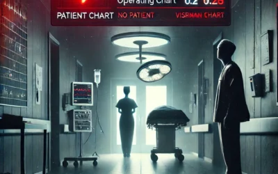 «راهرویی تاریک در بیمارستان با نور موضعی اتاق عمل، تخت خالی و مانیتور هشداردهنده‌ی خطاهای پزشکی، نمایشگر میزان خطا و پیام "بدون بیمار"، نمادی از عواقب مرگبار اشتباهات پزشکی و سکوت سنگین پس از آن»