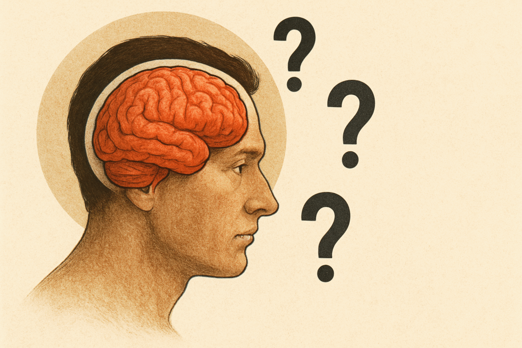 تصویر مغز انسان درون سر یک مرد با علامت های سوالنمایی از پیچیدگی و اختلالات ذهنی