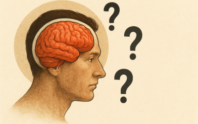 تصویر مغز انسان درون سر یک مرد با علامت های سوالنمایی از پیچیدگی و اختلالات ذهنی