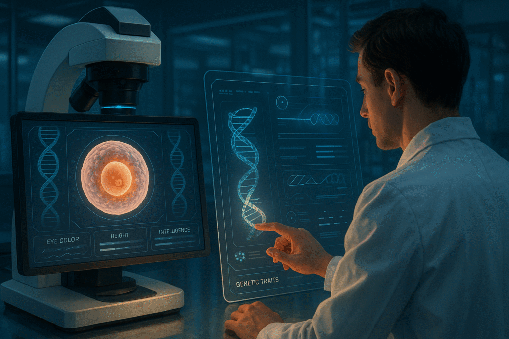 «پژوهشگر در حال بررسی ساختار DNA و صفات ژنتیکی بر روی نمایشگرهای دیجیتال در آزمایشگاه پیشرفته؛ نمادی از آینده مهندسی ژنتیک و ایده‌ی طراحی نوزاد با ویژگی‌های دلخواه.»