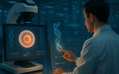 «پژوهشگر در حال بررسی ساختار DNA و صفات ژنتیکی بر روی نمایشگرهای دیجیتال در آزمایشگاه پیشرفته؛ نمادی از آینده مهندسی ژنتیک و ایده‌ی طراحی نوزاد با ویژگی‌های دلخواه.»