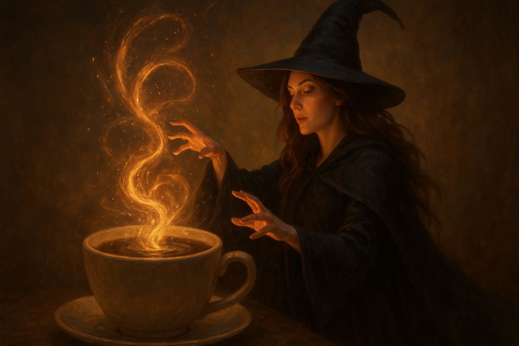یک خانم جادوگر درحال جادو کردن قهوه همراه با شعله