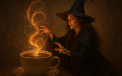 یک خانم جادوگر درحال جادو کردن قهوه همراه با شعله