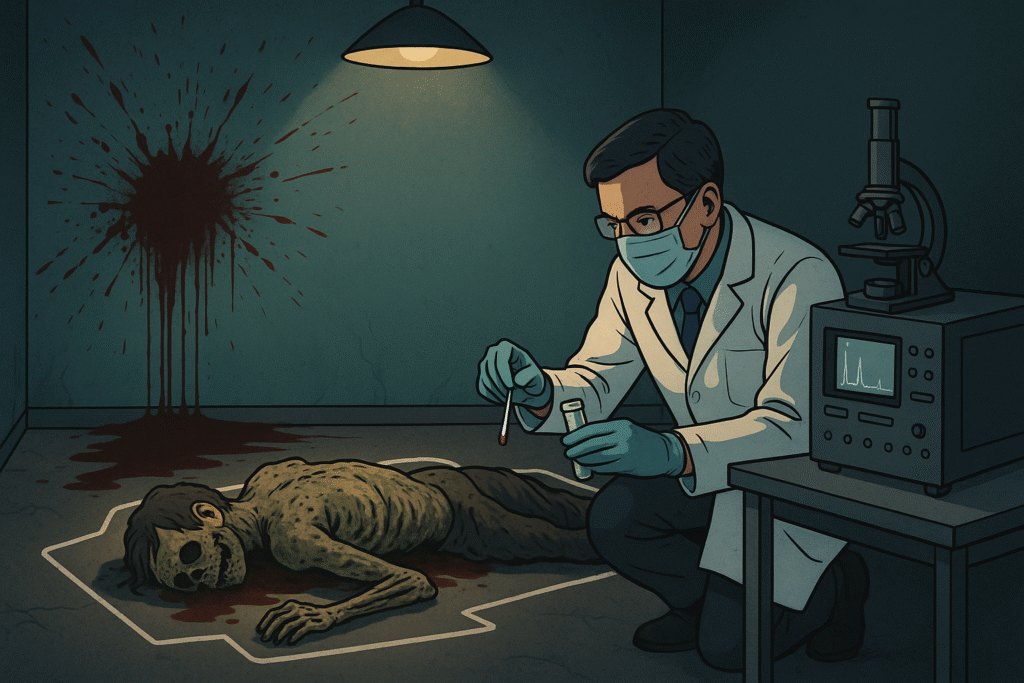 دانشمند پزشکی قانونی در حال نمونه‌برداری از خون در صحنه جرم در کنار جسد و رد خون روی دیوار