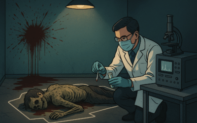 دانشمند پزشکی قانونی در حال نمونه‌برداری از خون در صحنه جرم در کنار جسد و رد خون روی دیوار