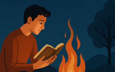 مردی در کنار آتش در شب زیر نور ماه در حال خواندن کتاب