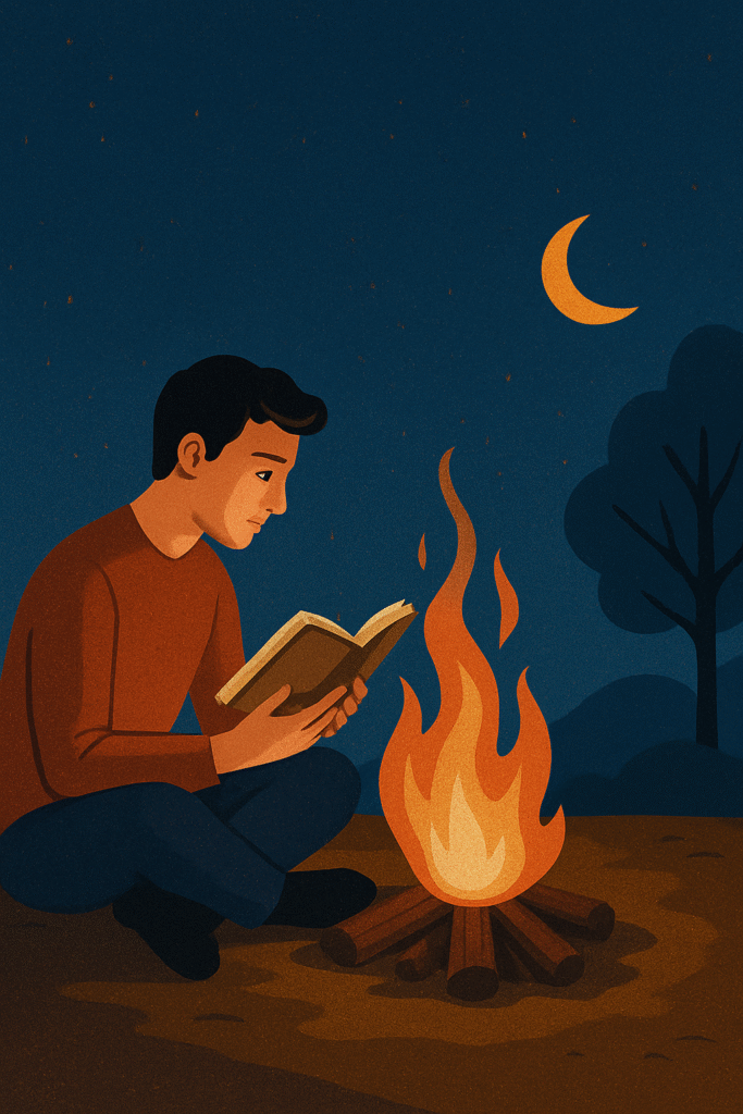 مردی در کنار آتش در شب زیر نور ماه در حال خواندن کتاب
